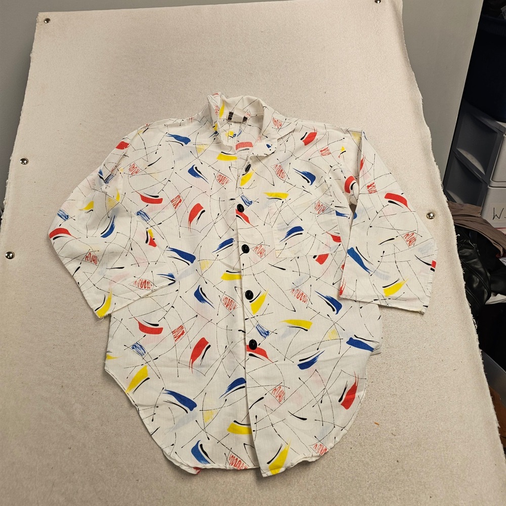 Vintage Leila Anne Abstract Geometric Print Button Front Shirt White Small USA